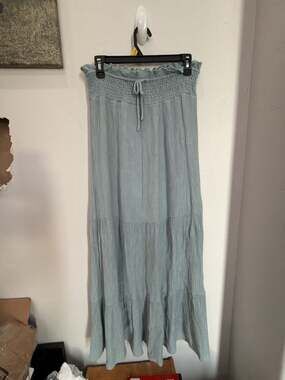Bécool Women's Sage Green Gauze Tiered Maxi Skirt with Smocked Elastic Waist